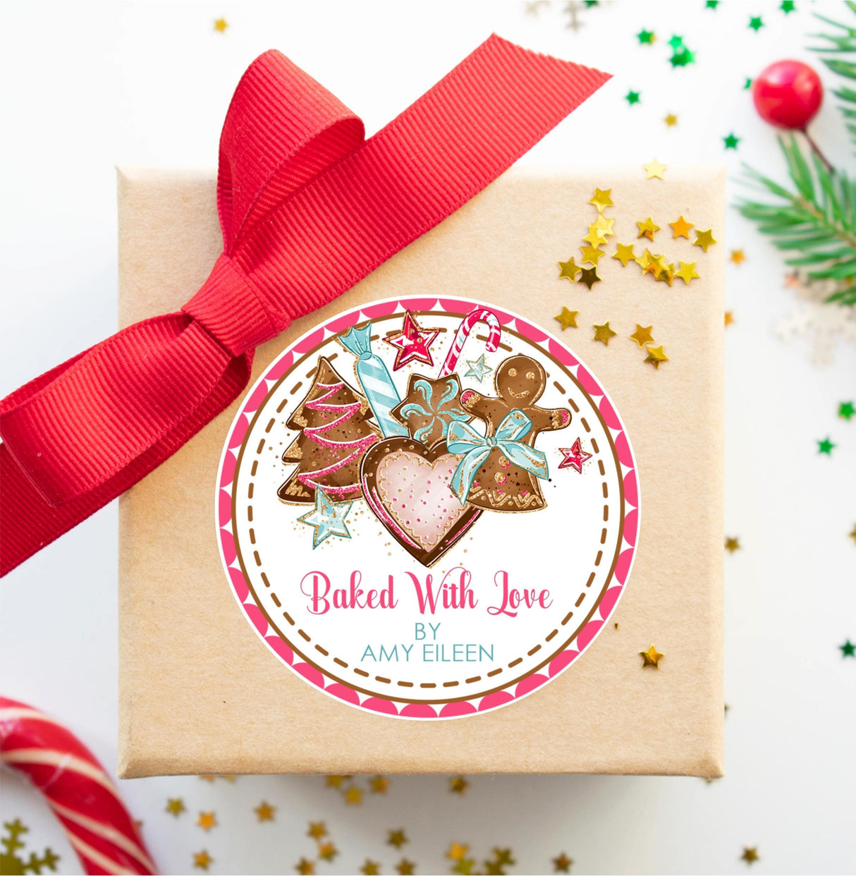 Pink holiday cookie swap favor label sticker