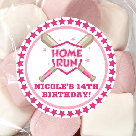 Pink home run softball birthday sticker with bat illustration