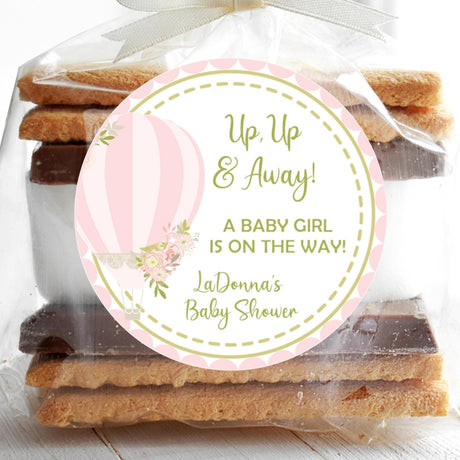 Pink hot air balloon baby shower favor stickers with flowers