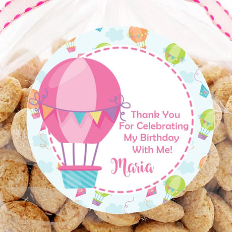 Pink hot air balloon birthday sticker with bunting