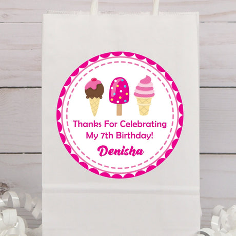 Pink ice cream birthday sticker with cone, and swirl ice cream design.