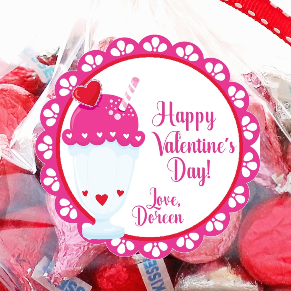 Pink ice cream float Valentine sticker with custom name