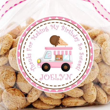 Pink ice cream truck birthday sticker with brown cone
