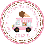 Pink ice cream truck birthday sticker with chocolate cone detail and personalized name