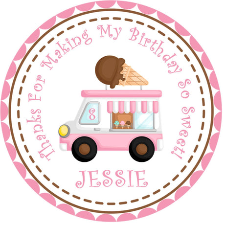 Pink ice cream truck birthday sticker with chocolate cone detail and personalized name
