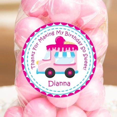 Pink ice cream truck birthday sticker with pink dotted border and cone on top.