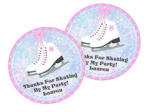 Pink ice skating birthday sticker with custom name and age