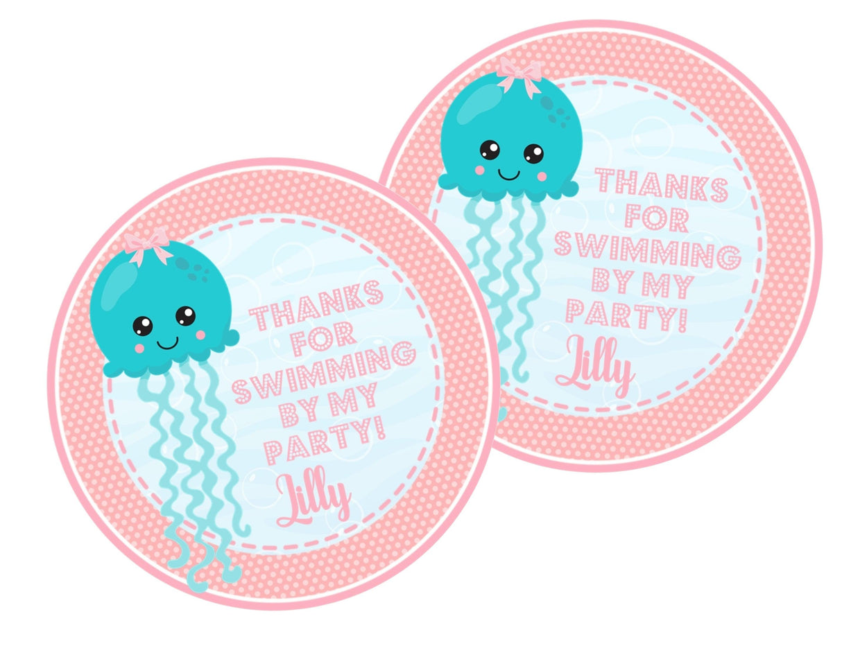 Pink jellyfish party favor label for ocean theme birthdays