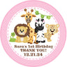 Pink jungle animal birthday sticker with safari animals and personalized name and date