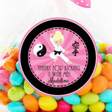 Pink karate girl birthday sticker with martial arts theme