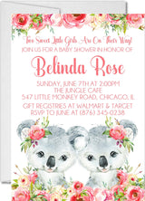 Pink koala baby shower invitations for twins