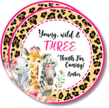 Pink leopard safari third birthday favor label