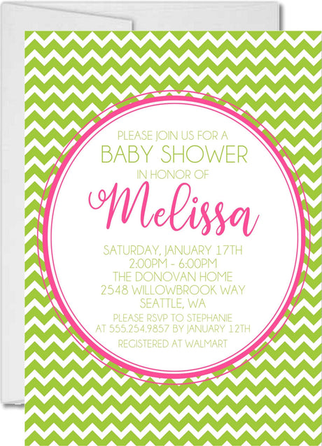 Pink lime chevron baby shower invitations colorful zig zag pattern design