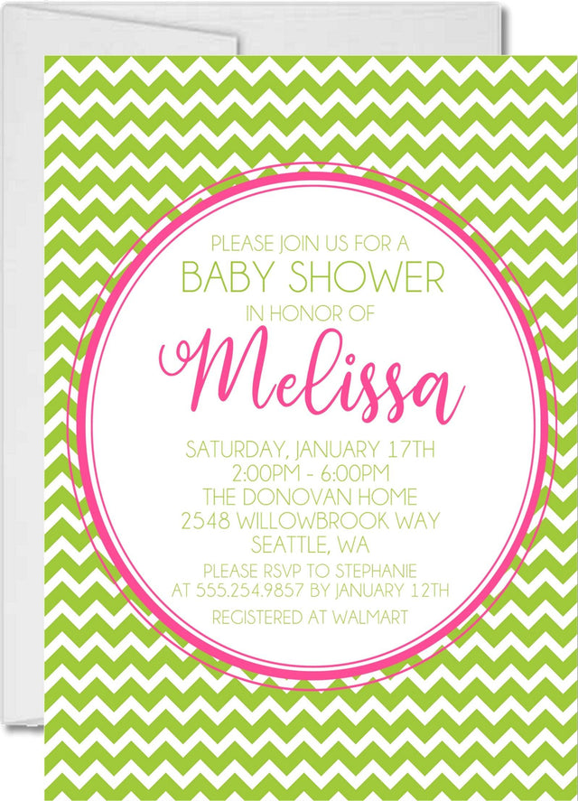 Pink lime chevron baby shower invitations colorful zig zag pattern design
