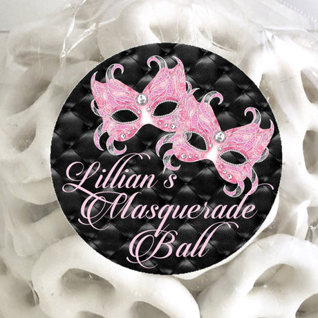 Pink masquerade birthday sticker with jeweled pink masks