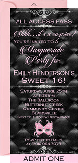 Pink masquerade party ticket invitation with ornate mask and rhinestone accents