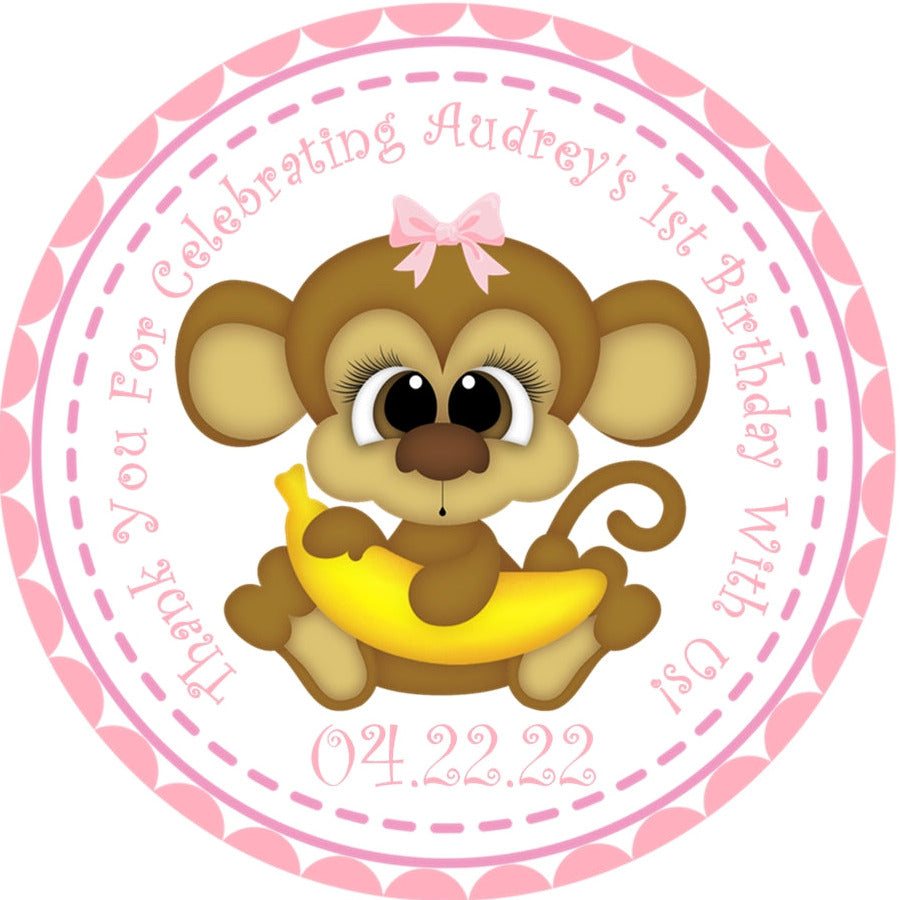 Pink monkey first birthday sticker with bow and personalized name and date