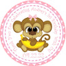 Pink monkey first birthday sticker with bow and personalized name and date