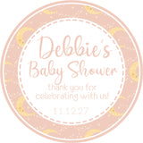 Pink moon and stars baby shower sticker with soft celestial design