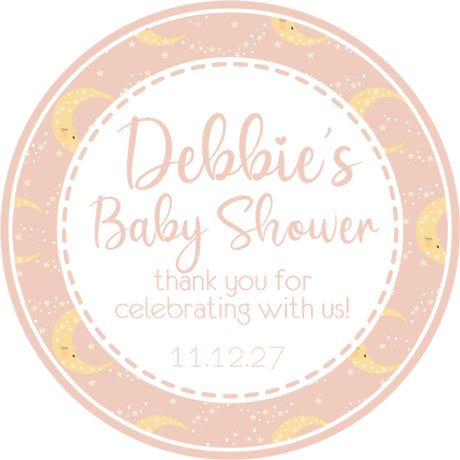 Pink moon and stars baby shower sticker with soft celestial design