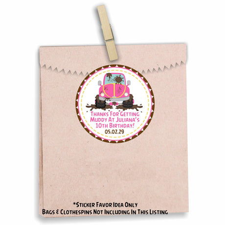 Pink muddy truck birthday sticker with personalized name