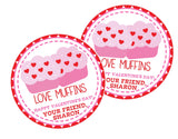 Pink muffin Valentine favor label with hearts