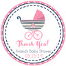 Pink nautical baby shower sticker with baby carriage and anchor