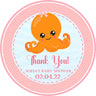 Pink octopus baby shower sticker with polka dot background