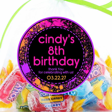 Pink orange and purple neon paintball birthday sticker with custom name