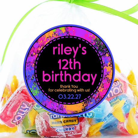 Pink orange and purple paintball birthday sticker with custom name