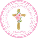 Pink peony christening sticker label