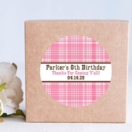 Pink plaid cowgirl birthday sticker design