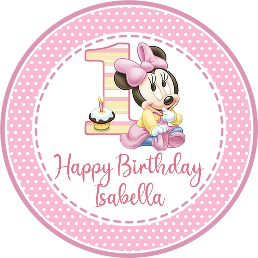 Pink polka dot Minnie Mouse 1st birthday sticker design