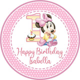 Pink polka dot Minnie Mouse 1st birthday sticker design