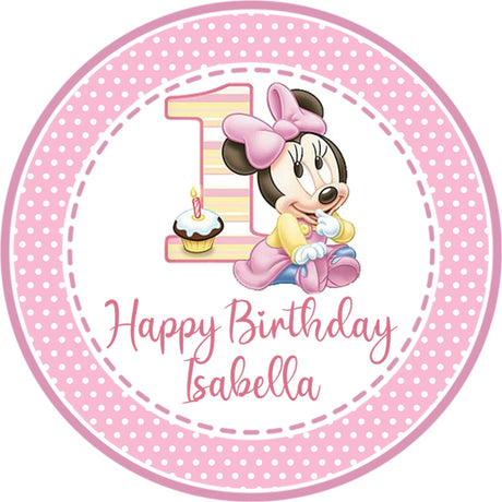 Pink polka dot Minnie Mouse 1st birthday sticker design