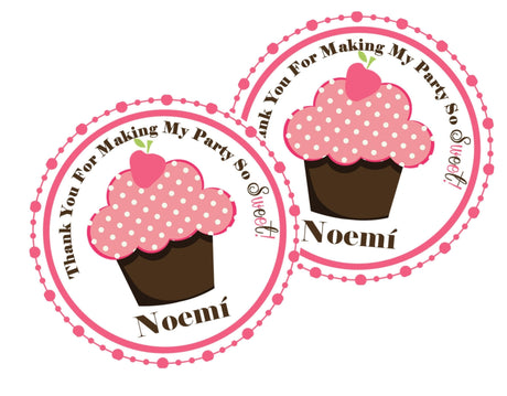 Pink polka dot cupcake birthday sticker with strawberry