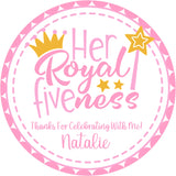Pink princess birthday favor sticker personalized with child’s name