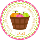 Pink pumpkin baby shower sticker with basket of pumpkins