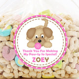 Pink puppy dog birthday sticker with pink ball