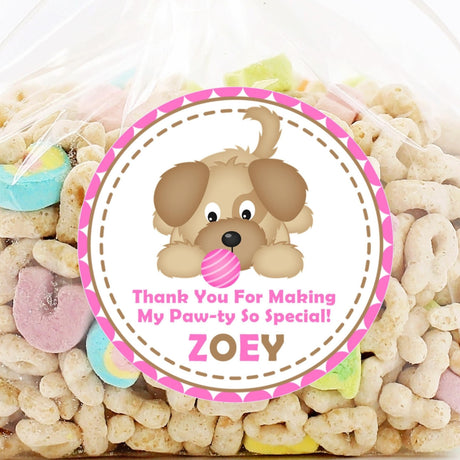 Pink puppy dog birthday sticker with pink ball