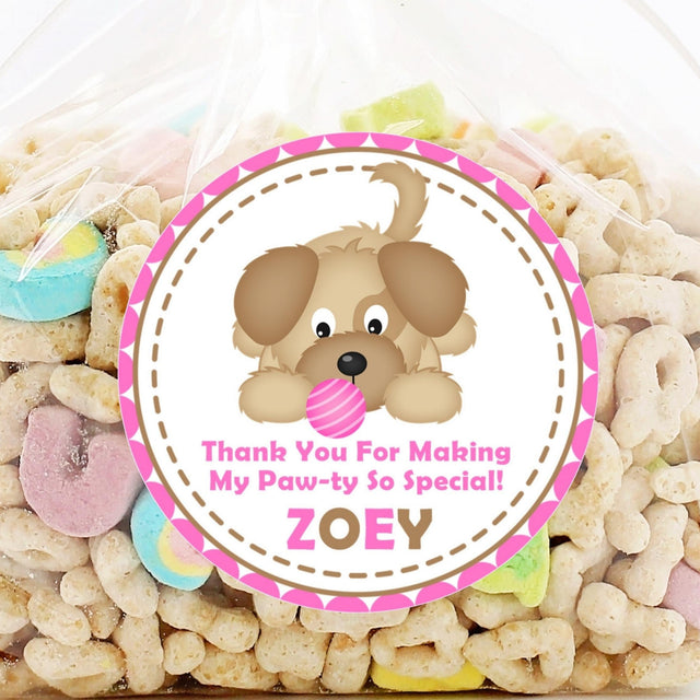 Pink puppy dog birthday sticker with pink ball