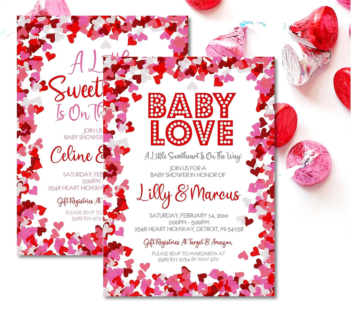 Pink red valentine heart baby shower invitations