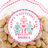 Pink robot Valentine sticker with three robots and heart accents