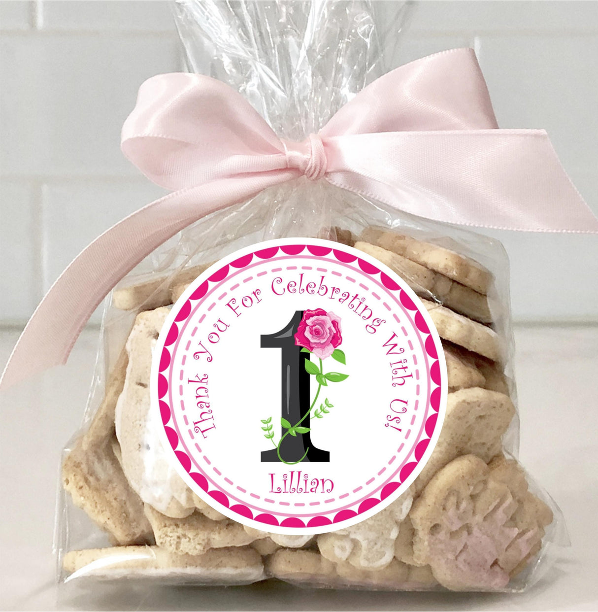 Pink rose 1st birthday sticker label