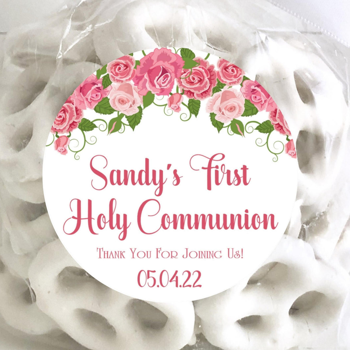 Pink rose floral First Communion sticker design