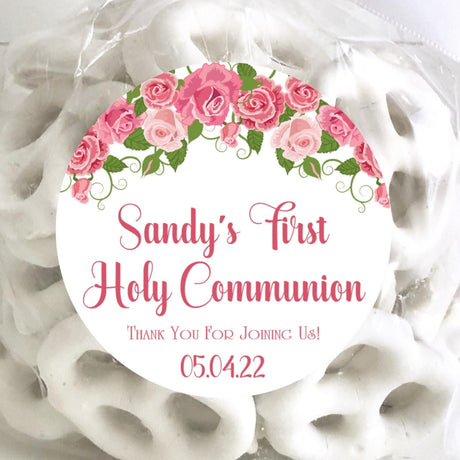 Pink rose floral First Communion sticker design