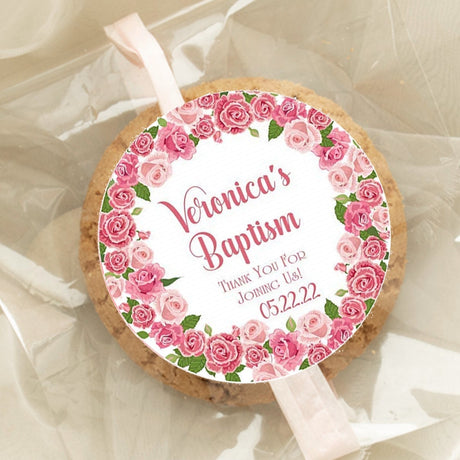 Pink rose floral baptism sticker with watercolor flowers and greenery