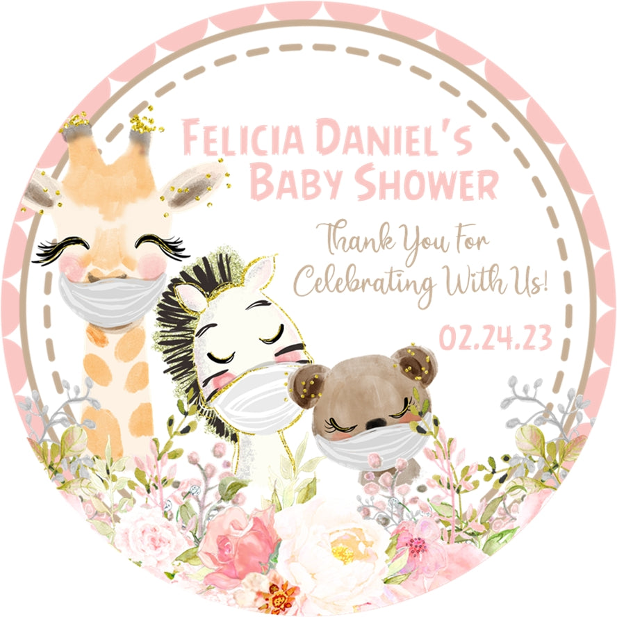 Pink safari animal baby shower stickers with floral accents