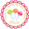 Pink scalloped candy birthday sticker with colorful sweets and personalized name