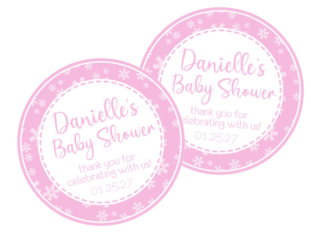 Pink snowflake baby shower sticker with winter design